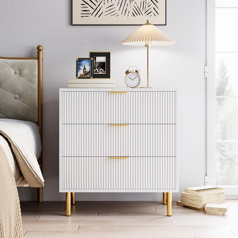 Commode, commode 3 tiroirs moderne pour chambre à coucher avec poignée dorée et grand tiroir, Blanc