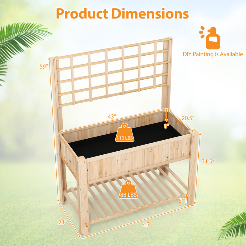 Raised Garden Bed w/ Trellis Wooden Elevated Planter Box w/ Legs & Liner, Natural 