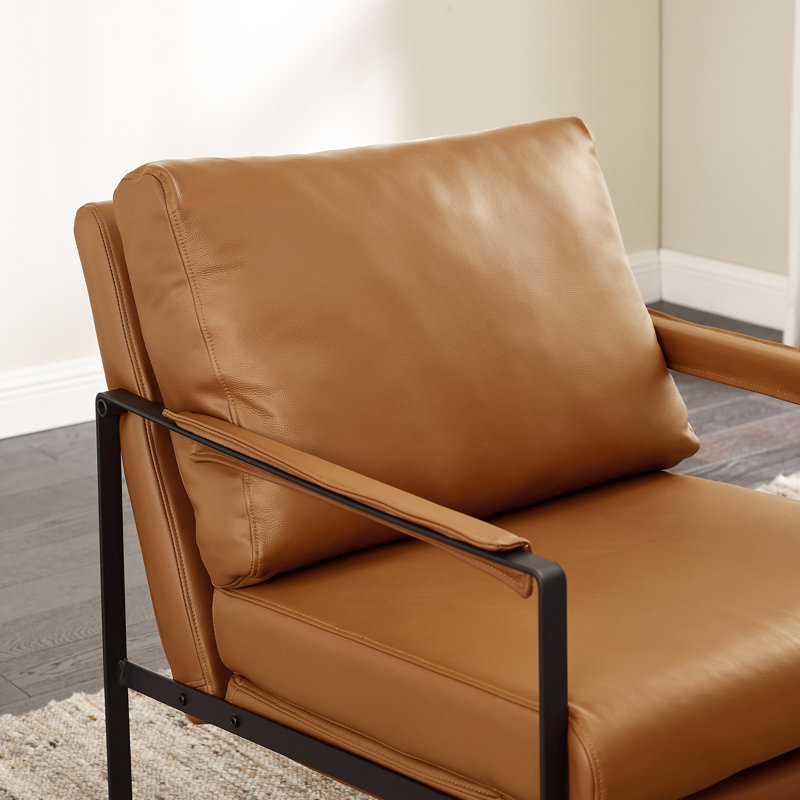 Mirsade 27.09'' W Leather Upholstered Accent Armchair, Brown Genuine Leather