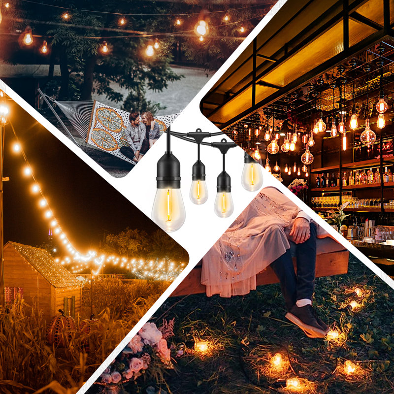 50' Black Solar Powered Outdoor String Lights with Warm White LED Bulbs