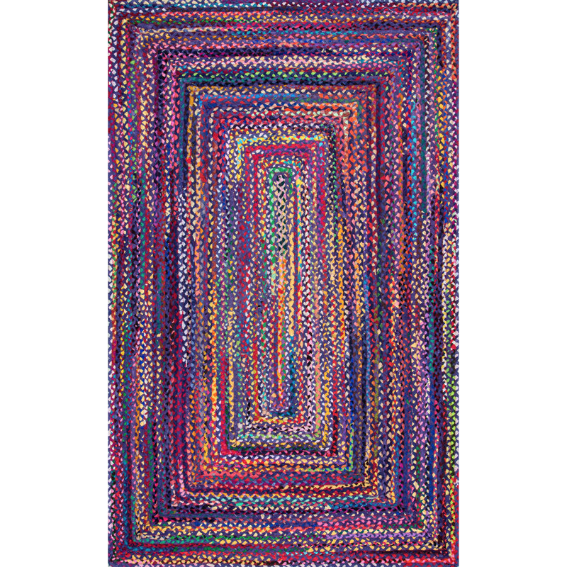 Tapis rayé bleu en coton tressé à la main Crepuscolo, Rectangle 3 pi x 5 pi