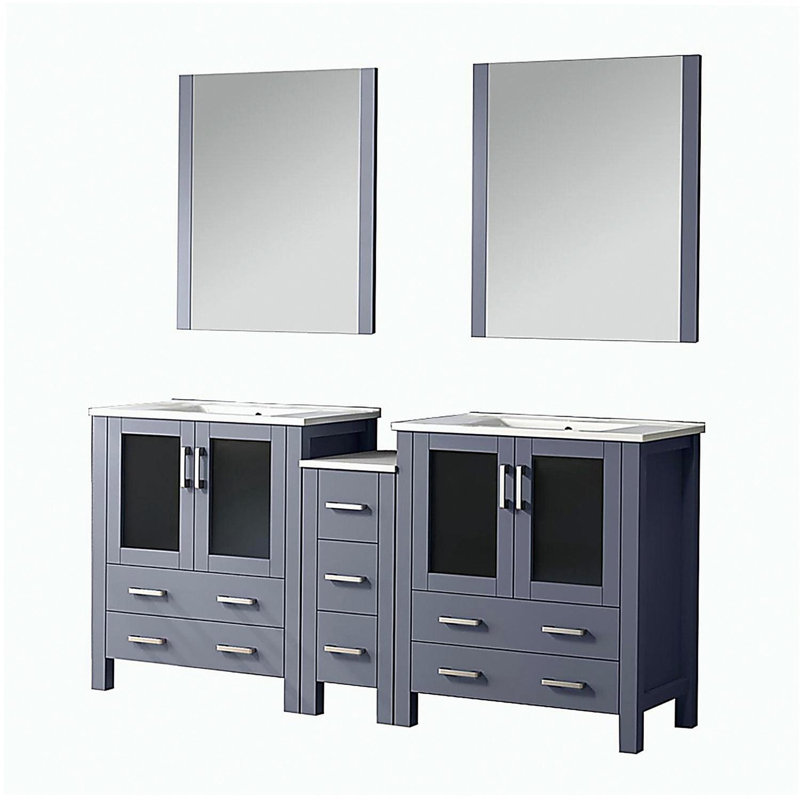 Meuble-lavabo double avec armoire latérale, comptoir en céramique blanche et miroir, 72"