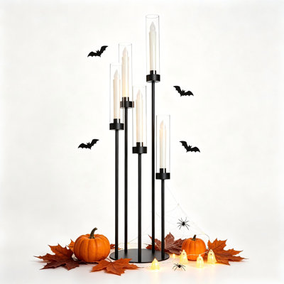 39.8‘’ Tall Matte Black Candle Holder with Acrylic Shades for Halloween Living Dining Room Fireplace Decoration, LED Candles Excluded