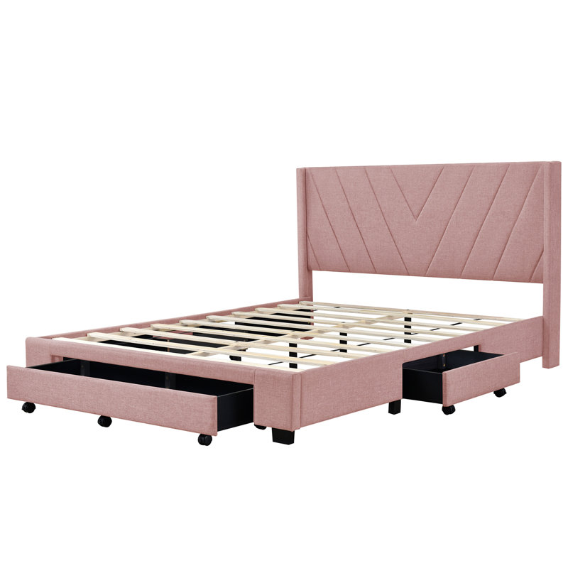Lit plateforme tapissier à 3 tiroirs Daleb, Rose