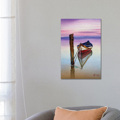 Red Sunset Boat by Liam Kumawat - Wrapped Canvas Painting