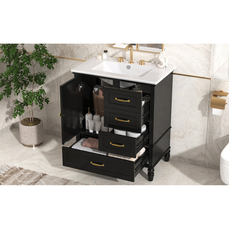 Meuble-lavabo de 30 po, structure, structure en bois massif, trois tiroirs, porte simple, quincaillerie à fermeture en douceur, autoportant, noir