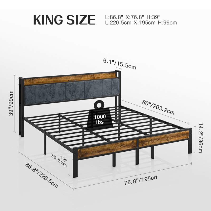 Carlno King Size Bed Frame with Headboard, Metal Platform Bed with Smart LED Lights and USB Charging Station Kenessa, King