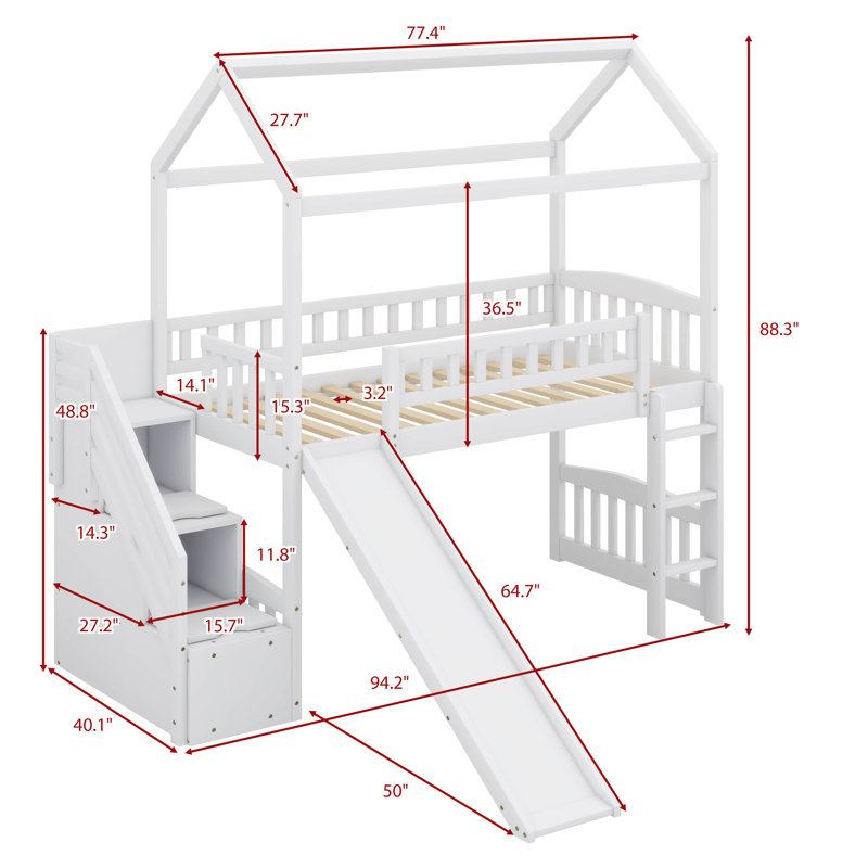 Lit mezzanine avec escalier de rangement et glissade, Blanc