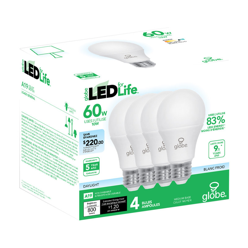 9,5 watts (60 watts équivalent), ampoule a19, ampoule non-atténuée, socle e26/moyen (standard), 5000 K