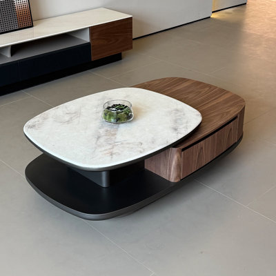 Table basse rotative à 360 degrés avec 2 tiroirs, plateau en faux marbre et placage de noyer, table de salon moderne