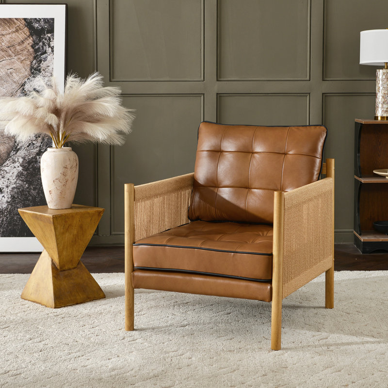 28.7'' W Top-grain Genuine Leather Accent Chair With Jute Rope Wrapped Arms, Coffee, Jute Rope