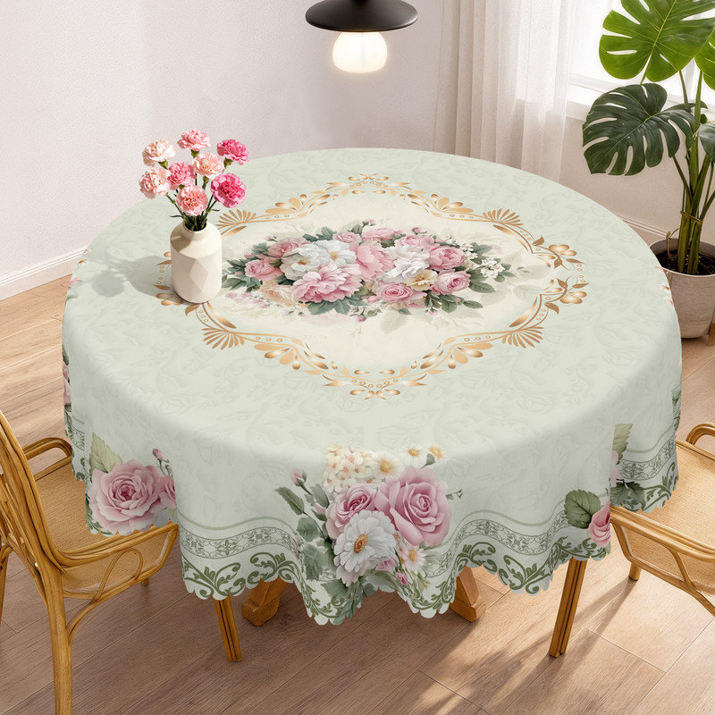 Light green washable polyester tablecloth with pink floral print