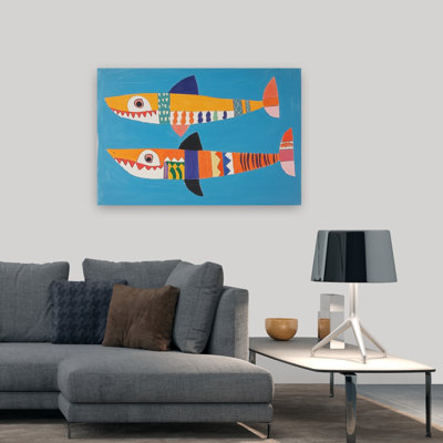 Colorful Happy Sharks Abstract Colorful Playful Fish Shark Ocean Wall Art Print 1 Piece Wrapped Canvas Wall Art