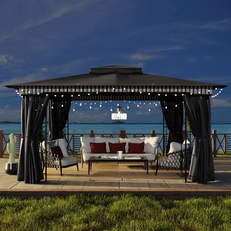 13 Ft.W x 11 Ft.D Outdoor Steel Patio Gazebo with Double Vented Roof and Full Netting, Black