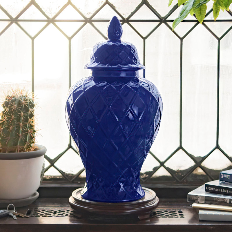 19.5" Diamond Pattern Antique White Temple Jar, Blue