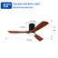 Ventilateur de plafond encastré à profil bas en bois massif de 52 pouces avec lumière, application et télécommande, moteur à courant continu réversible à 6 vitesses, ventilateur à DEL à intensité variable 3CCT et à DEL pour le salon de la chambre à coucher-131129290