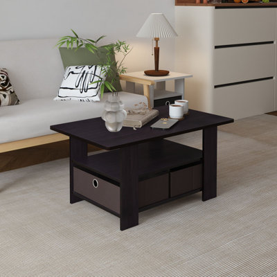 Modern Wood Storage Tea Table Coffee Table with Shelf & Bin Drawer for Small Space Living Room