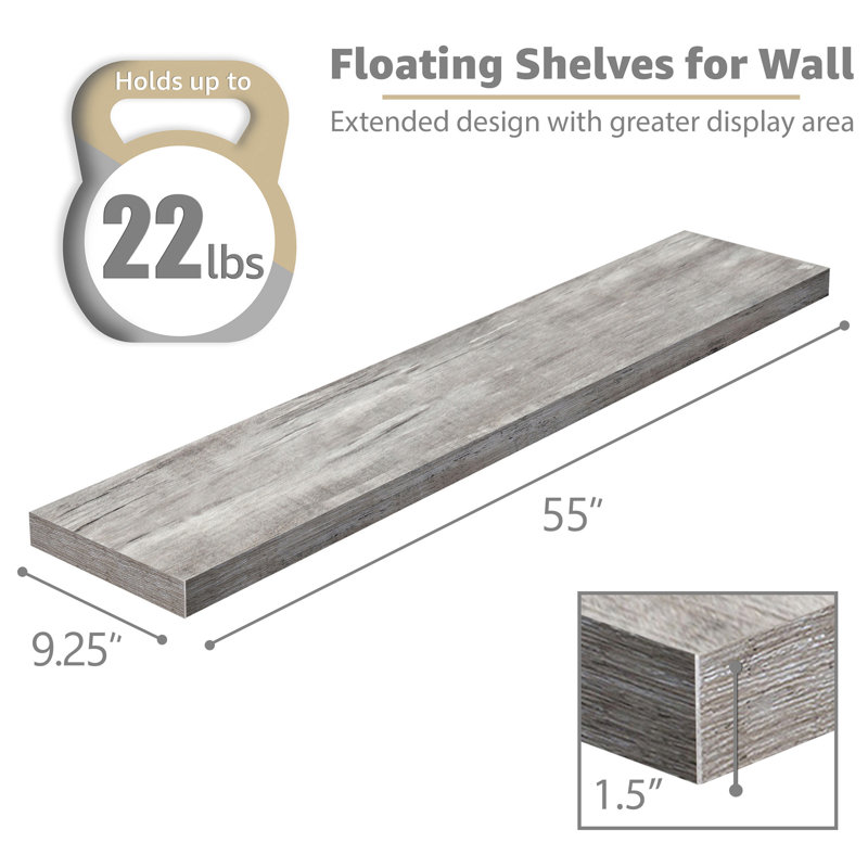 Sorbus Floating Shelves for Wall - 55 Inch Extra-Long Bathroom Shelves, Wall Decor for Bedroom, Kitchen, Living Room, Book Storage - Mounted Floating Shelf with Hidden Brackets (Gray, 2 Pack)