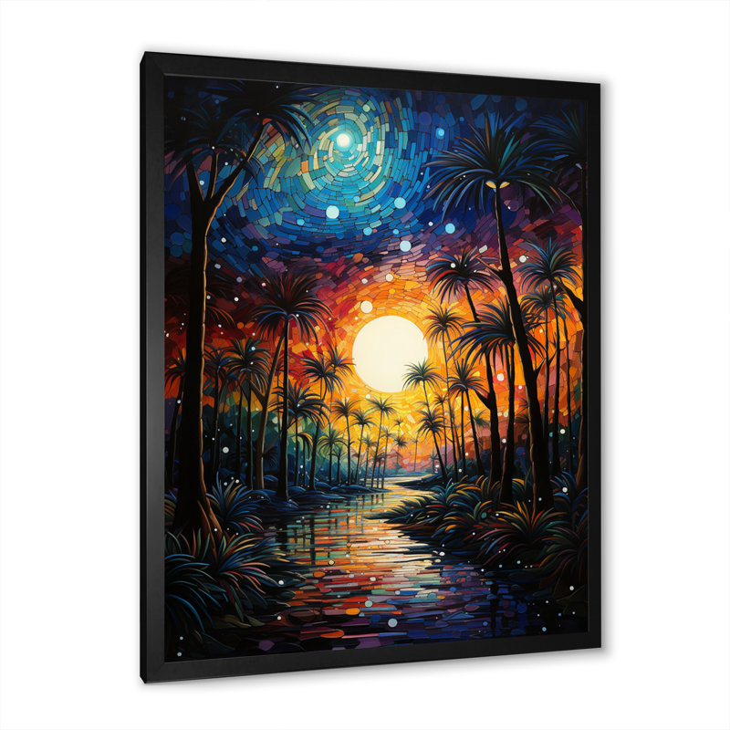 «Yaresi Pointillism Sunset Palm Trees II», reproduction sur toile, Cadre noir, H 20 po x l 12 po x P 1 po