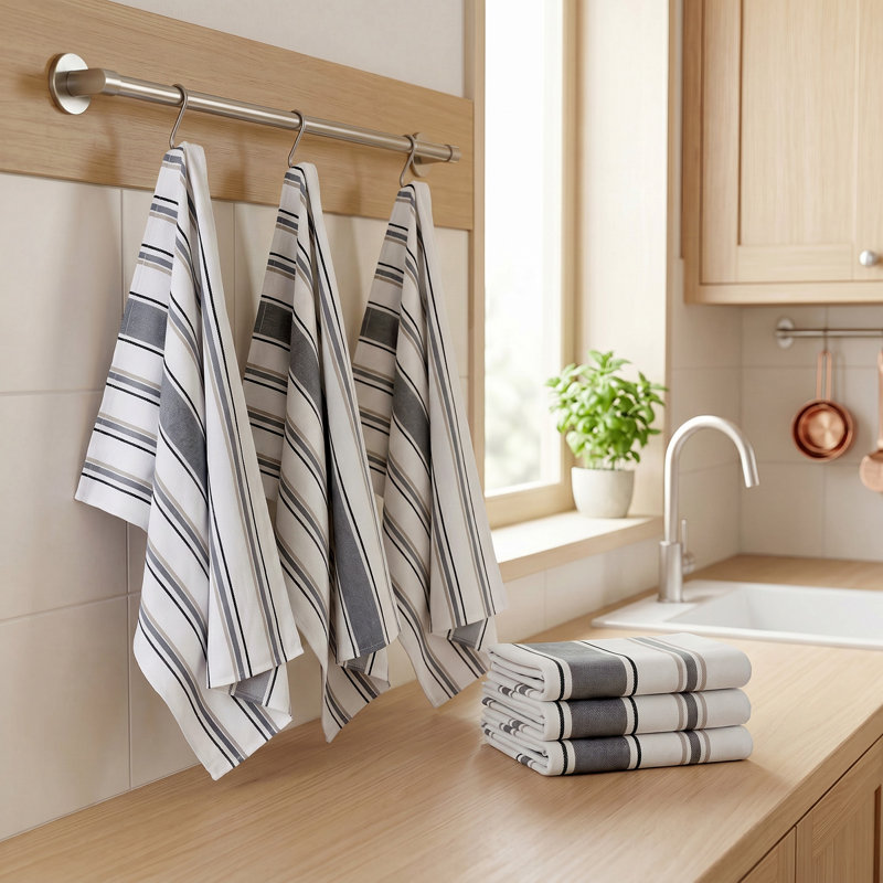 Striped Cotton Kitchen Towels, 6-Pack, 17.7 x 26.8 in Absorbent Dish Towels, Reusable Quick-Drying Cleaning Towels, Gray