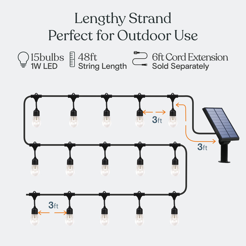 48 ft Warm White Solar Powered Outdoor LED String Lights