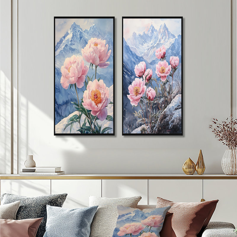 Pivoines par les sommets enneigés I - décoration murale en toile florale 2 panneaux, H 40 po x l 41 po, Cadre flottant noir