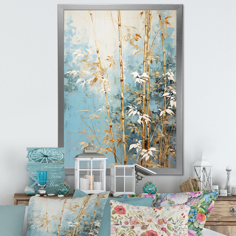 Or et bambou bleu I sur impression sur toile, H 44 po x l 34 po x P 1,5 po, Cadre photo argenté