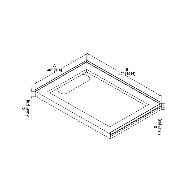 OVE Decors 40" x 36" Rectangle Shower Base Pan, White Acrylic, Hidden Side Drain, Reversible Design
