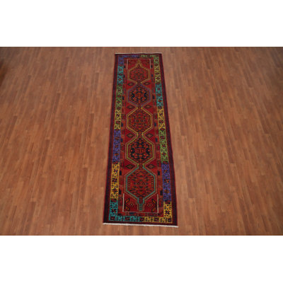 Red Geometric Wool Traditional Runner Rug 3x11