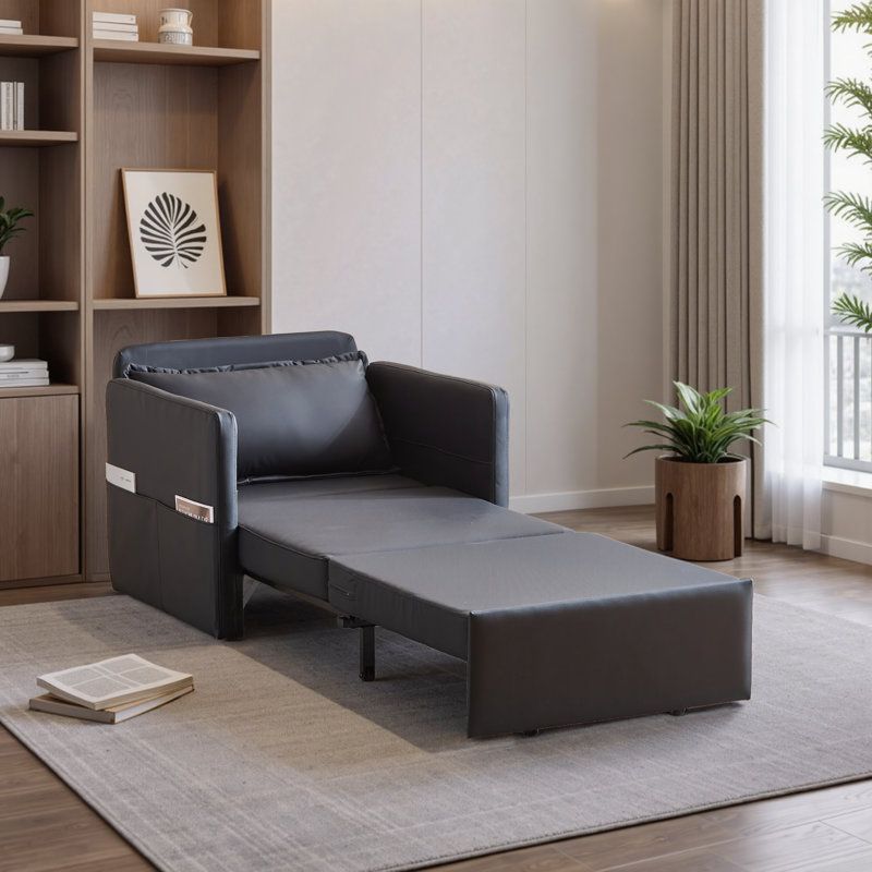 Canapé-lit pour adulte, canapé-lit convertible 3-en-1, table-plateau pliante pratique avec ports de chargement USB et Type-C pour le salon, cuir