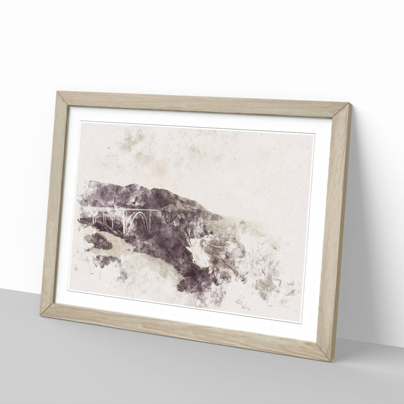 The Bixby Creek Bridge in California Watercolour - Picture Frame Graphic Art Print, 62cm H x 87cm W x 2cm D, Oak Framed