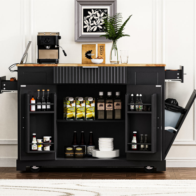 Luxury Kitchen Island Featuring Trash Can Compartment, Power Supply, 3 Drawers, Open Side , 5 Rolling Wheels, Black Style With Holder, Outlet, 5 Mobility,