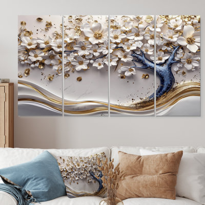 «White and Blue Cherry Blossom Garden of Branches III», ensemble d'art mural cerisier en fleurs