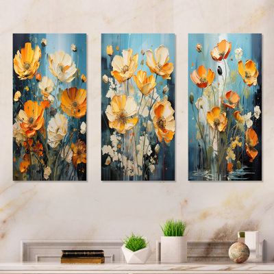 «Buttercups Burst With Fierce Brushwork» - Ensemble de 3 impressions sur métal Buttercups