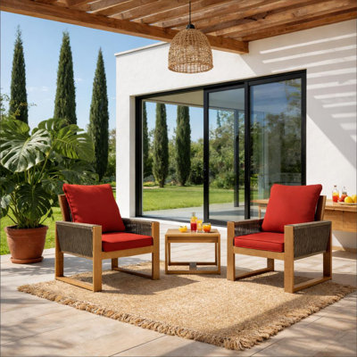 Mobilier de patio, ensemble de salle à manger en bois 3 pièces avec 2 fauteuils et table carrée en bois