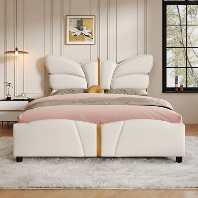 Upholstered PU Leather Bed Frame, with Butterfly Shaped Headboard and Footboard, Platform Bed Frame with Gold Metal decorations, No Box Spring Needed