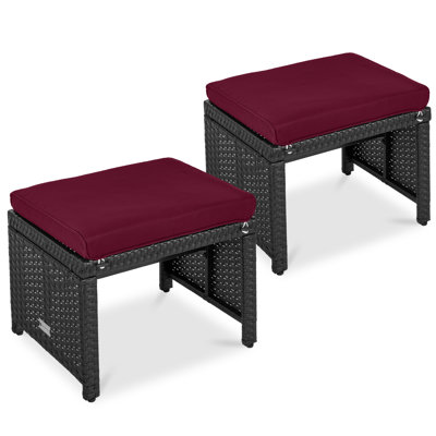  Set Of 2 Multipurpose Patio Wicker Ottomans W/ Removable Cushions - Deep Burgundy/Black