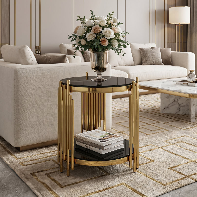 Table de bout ronde en verre, plateau de table en verre trempé noir double couche, table de coin, table d'appoint en acier inoxydable doré pour le salon (table d'appoint de 17,72 po)
