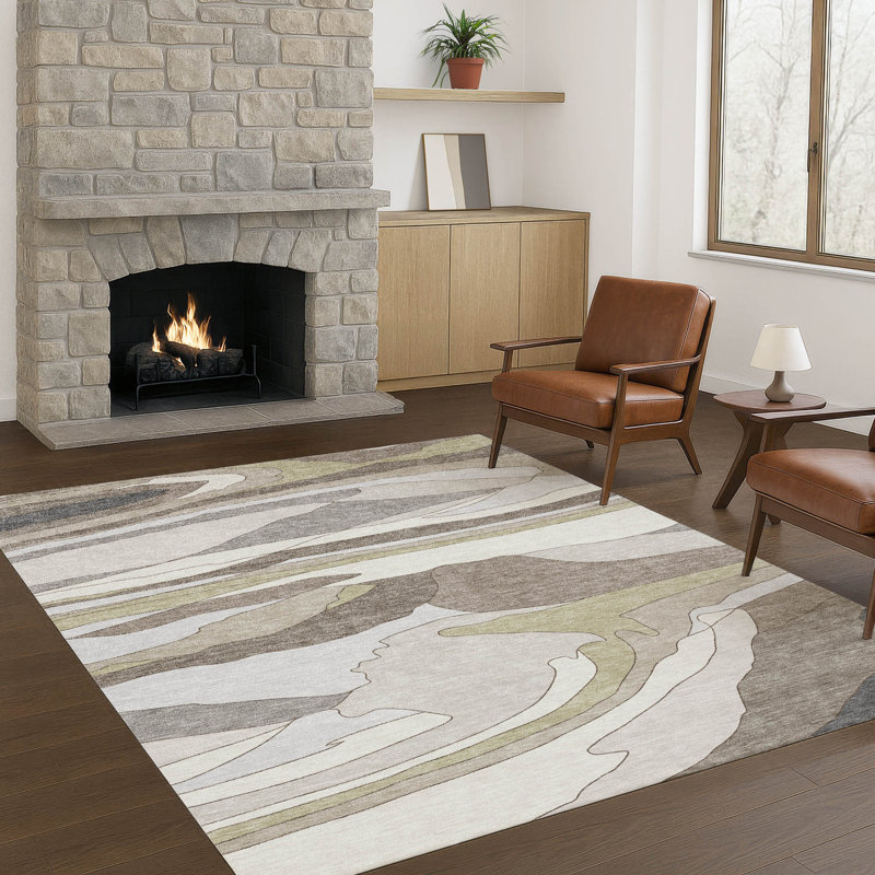 Machine Washable Indoor/Outdoor Chantille ACN2777 Abstract Rug, 8' x 10', Ivory