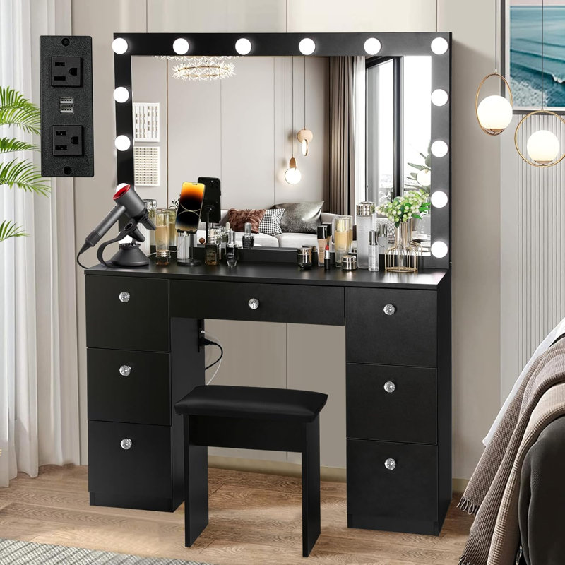 Makeup Vanity Desk with Power Outlet and 7 Drawers, 3 Color Lighting Modes Adjustable Brightness, 44" Vanity Table with Soft 