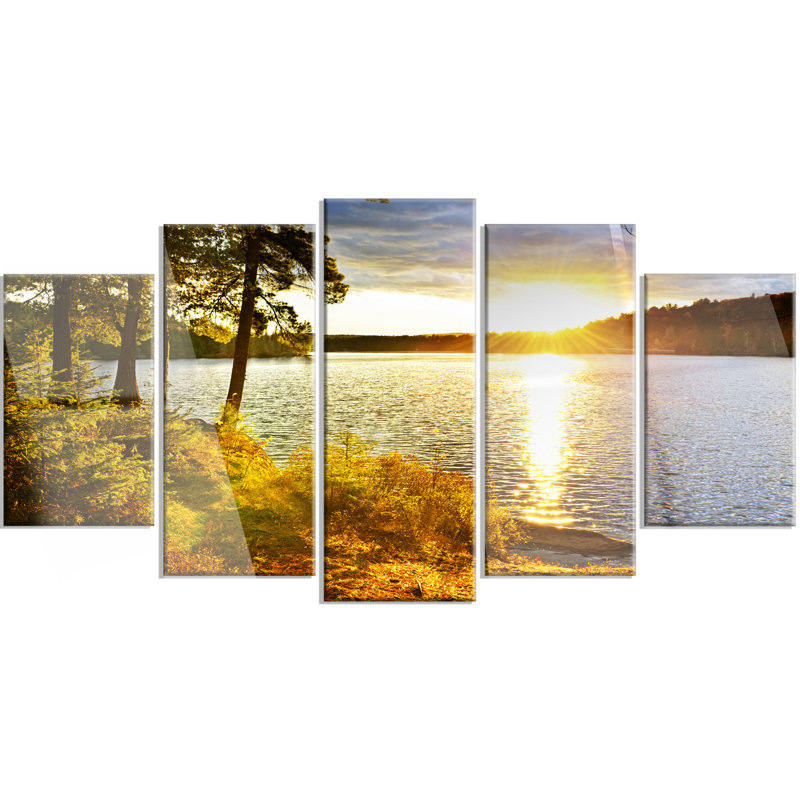 Coucher de soleil sur le lac, vue panoramique - ensemble de 5 photographies en métal
