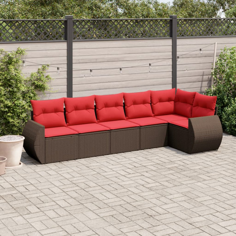 Ensemble de canapé de patio 7 pièces avec coussins en rotin de polyester, Coussin rouge / cadre brun