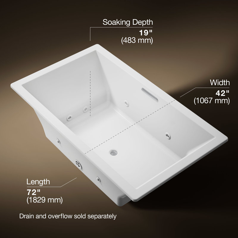 72-In x 42-In Heated Whirlpool Bath with Center Drain, White