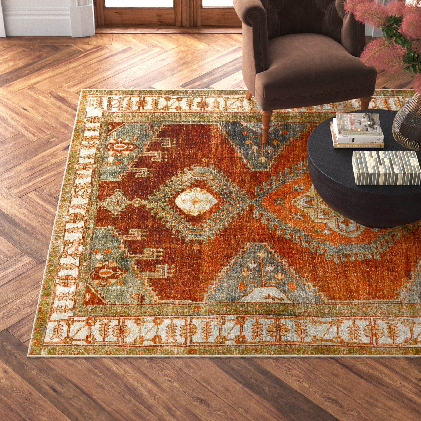 Mags Machine Washable Oriental Burnt Orange/Orange Area Rug, Rectangle 7'6" x 9'6"