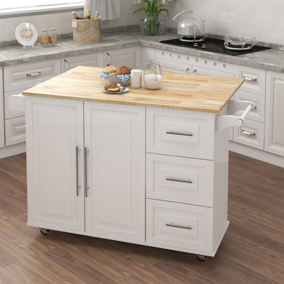 Îlot de cuisine avec support à épices, porte-serviettes et plateau de table en bois massif extensible