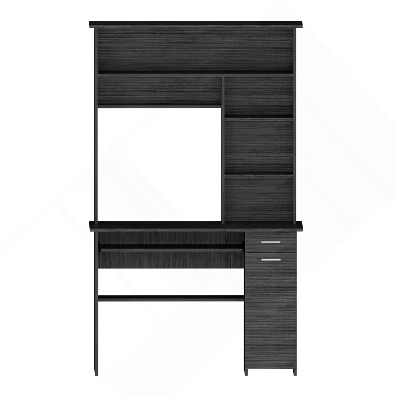 Bureau avec huche, tablettes multiples, plateau à clavier rétractable, panneau de porte pour unité centrale, tiroir, chêne gris
