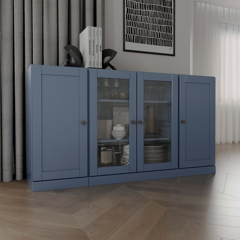 Buffet 100% bois massif 65 po avec verre transparent, portes Shaker et tablettes réglables, Bleu antique