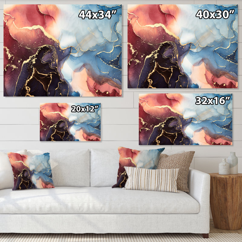 «Brown and Blue Luxury Abstract Fluid VI», peinture sur toile, H 30 po x l 40 po x P 1,5 po, Toile tendue