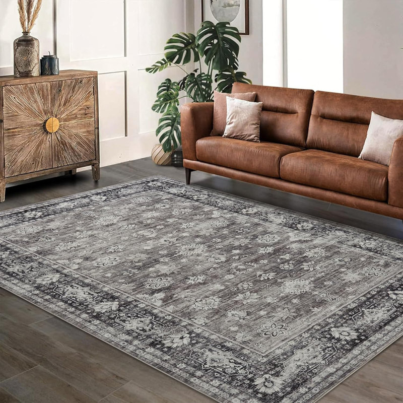 Vintage Washable Area Rug for Bedroom, Distressed Non-Slip Non-Shedding Floral Soft Throw Rugs for Living Room, Dining, Foyer 2'x6' (Brown)