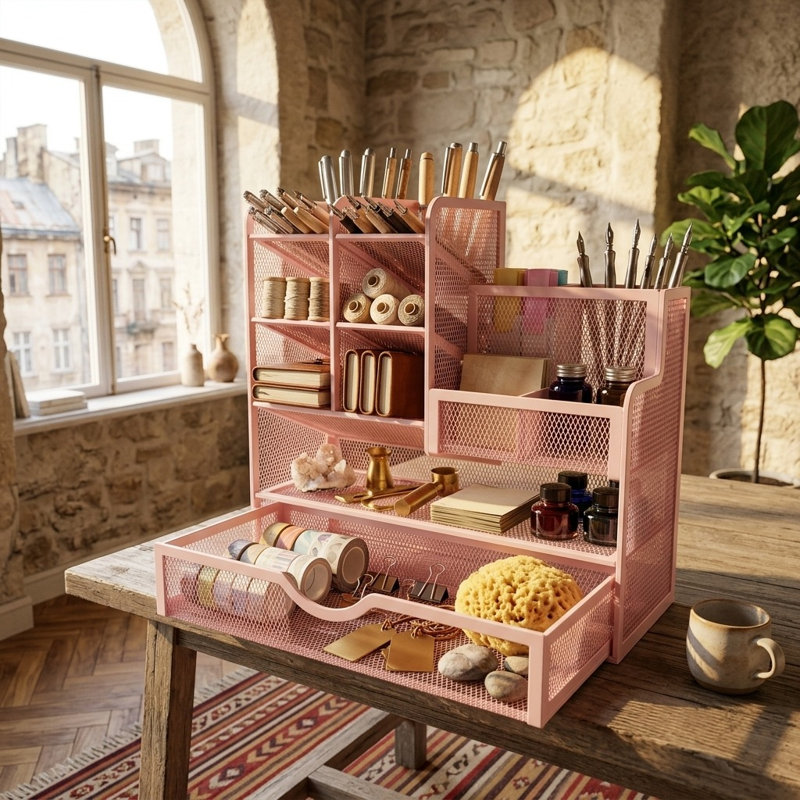 Pink Mesh Desk Organizer with Drawer: Multifunctional Storage Caddy